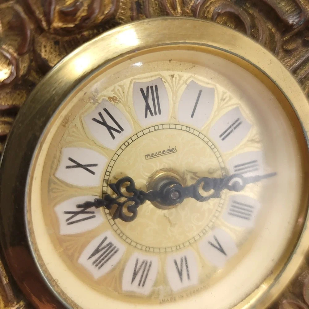 Antique Mercedes Shelf Mantle Clock Bronze Gold Tone Wind Up Working